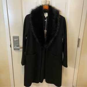 Joie Elegant Black Faux Fur Trim Coat
